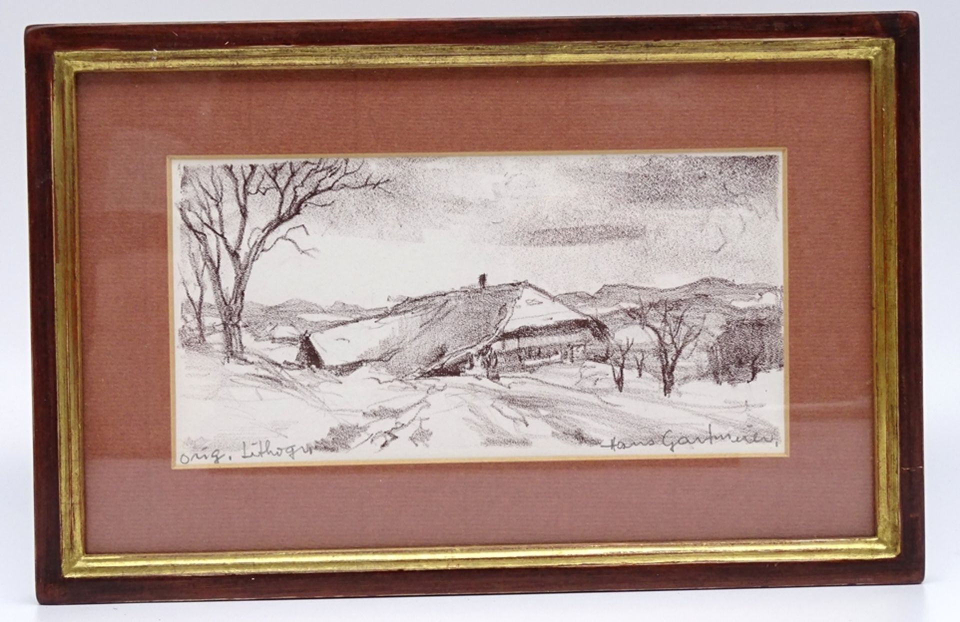 Hans GARTMEIER (1910-1986) "verschneites Bauernhaus" Lithografie, ger/Glas, RG 19x29 cm