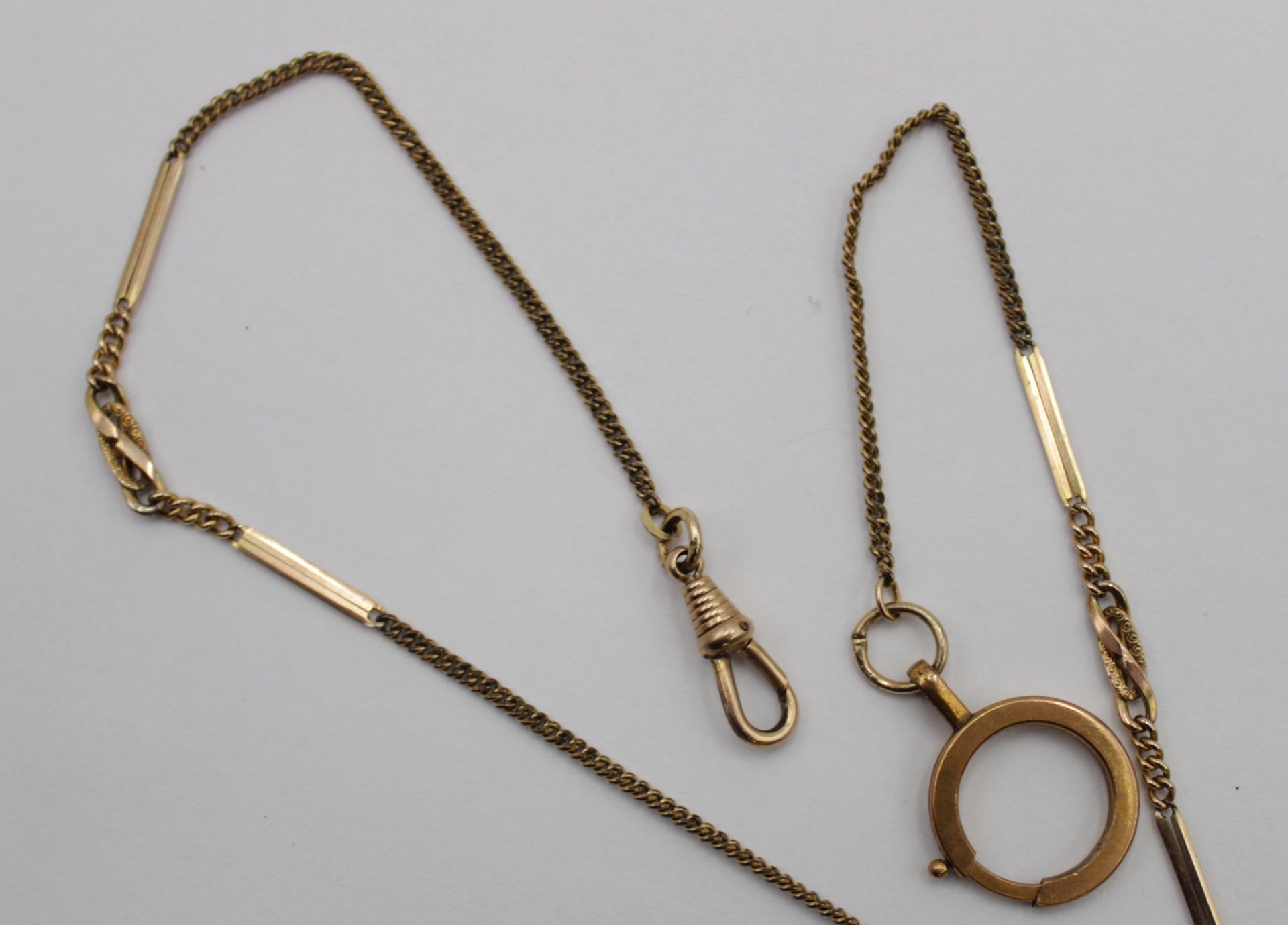 Uhrenkette, Doublé, gr. Ring wohl Gold -333-, Petschaft Schaumgold mit Karneol, ca. L-47cm. - Bild 5 aus 5