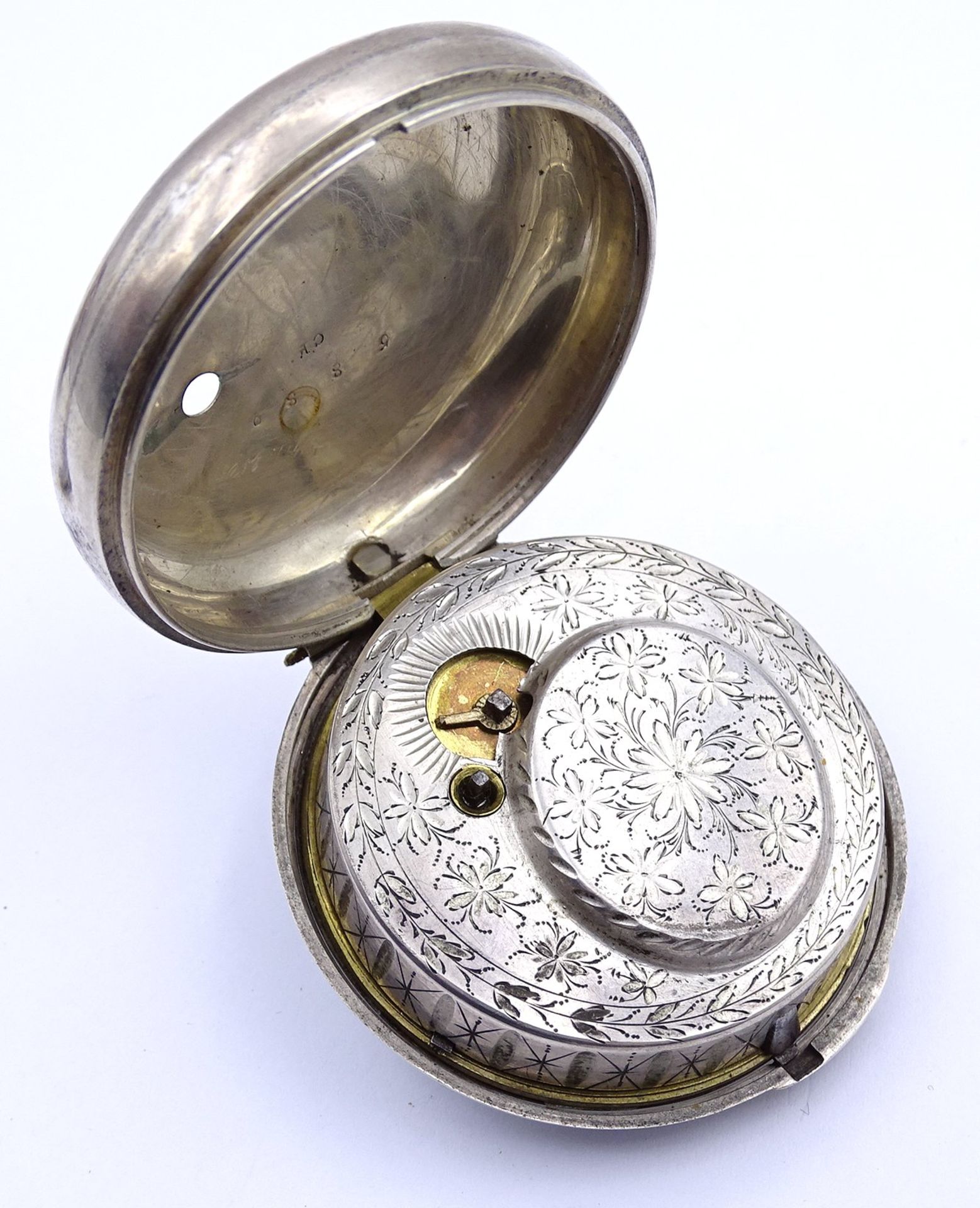 Taschenuhr Spindeluhr, Silbergehäuse "D.D. Neveren", London, Schlüsselwerk, D. 50mm, anbei Schutzhü - Bild 10 aus 10