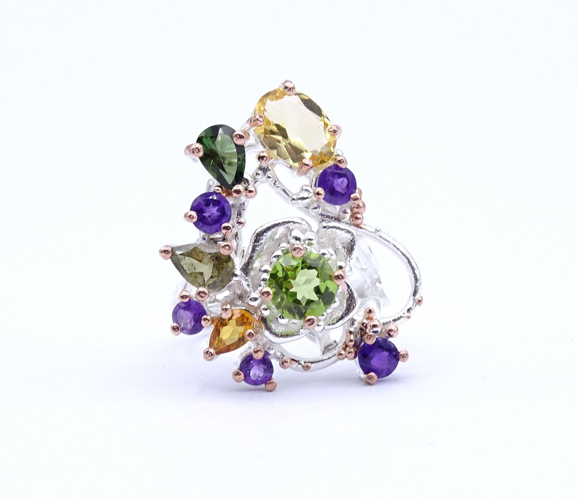 Farbintensiver Edelstein Silberring 925/000 mit Peridot, Turmalin,Amethyst und Citrine,7,1g., RG 52 - Image 2 of 4