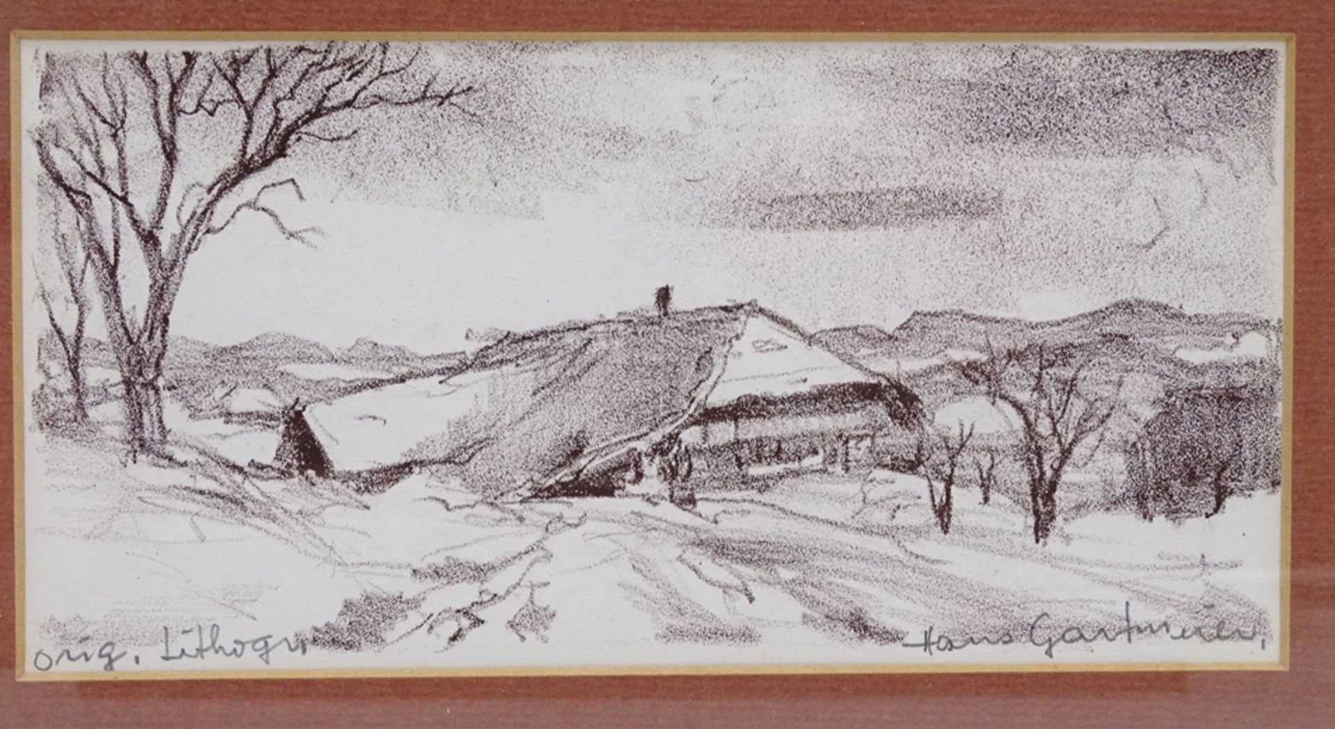 Hans GARTMEIER (1910-1986)  "verschneites Bauernhaus" Lithografie, ger/Glas, RG 19x29 cm - Bild 2 aus 6
