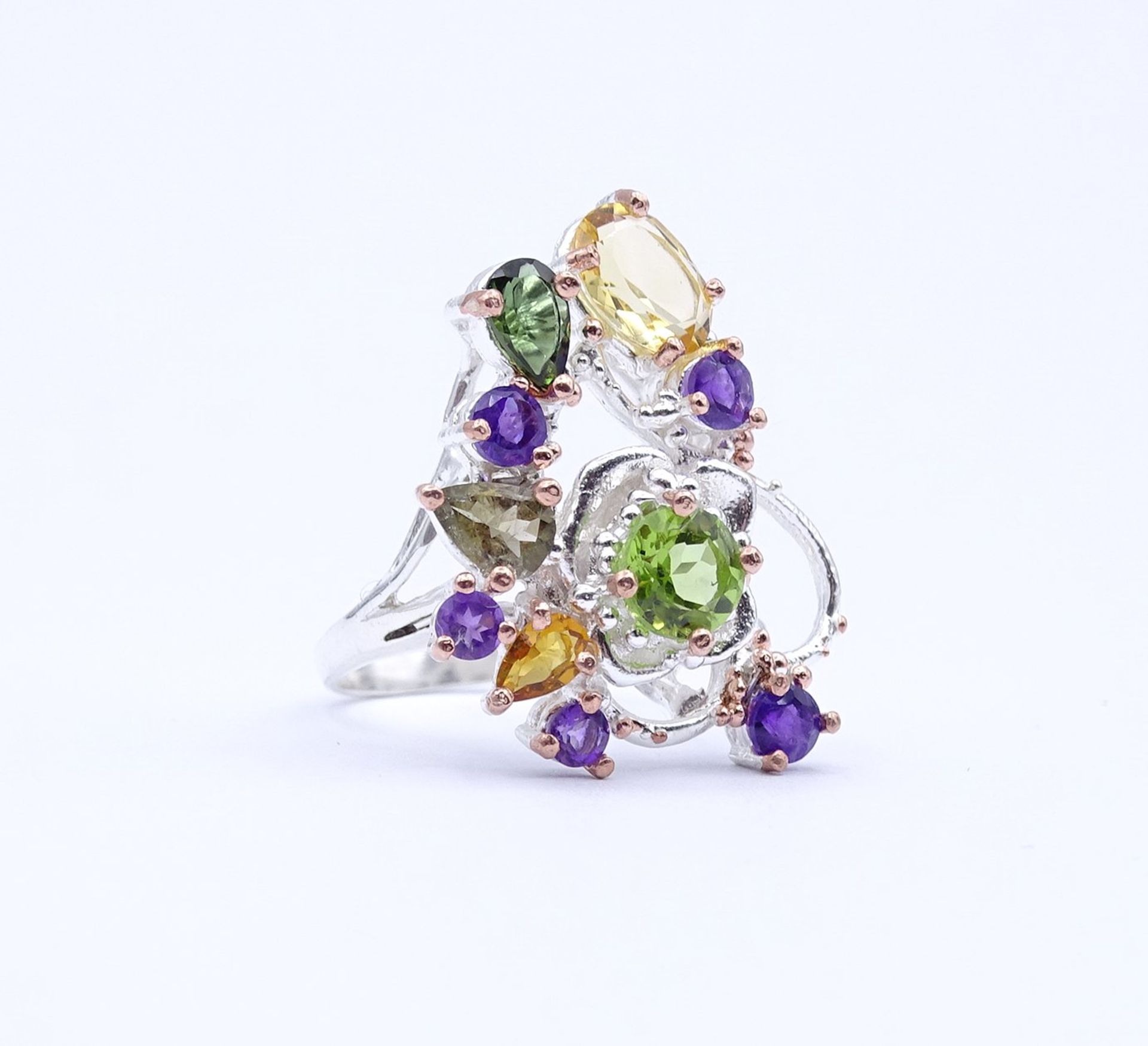 Farbintensiver Edelstein Silberring 925/000 mit Peridot, Turmalin,Amethyst und Citrine,7,1g., RG 52