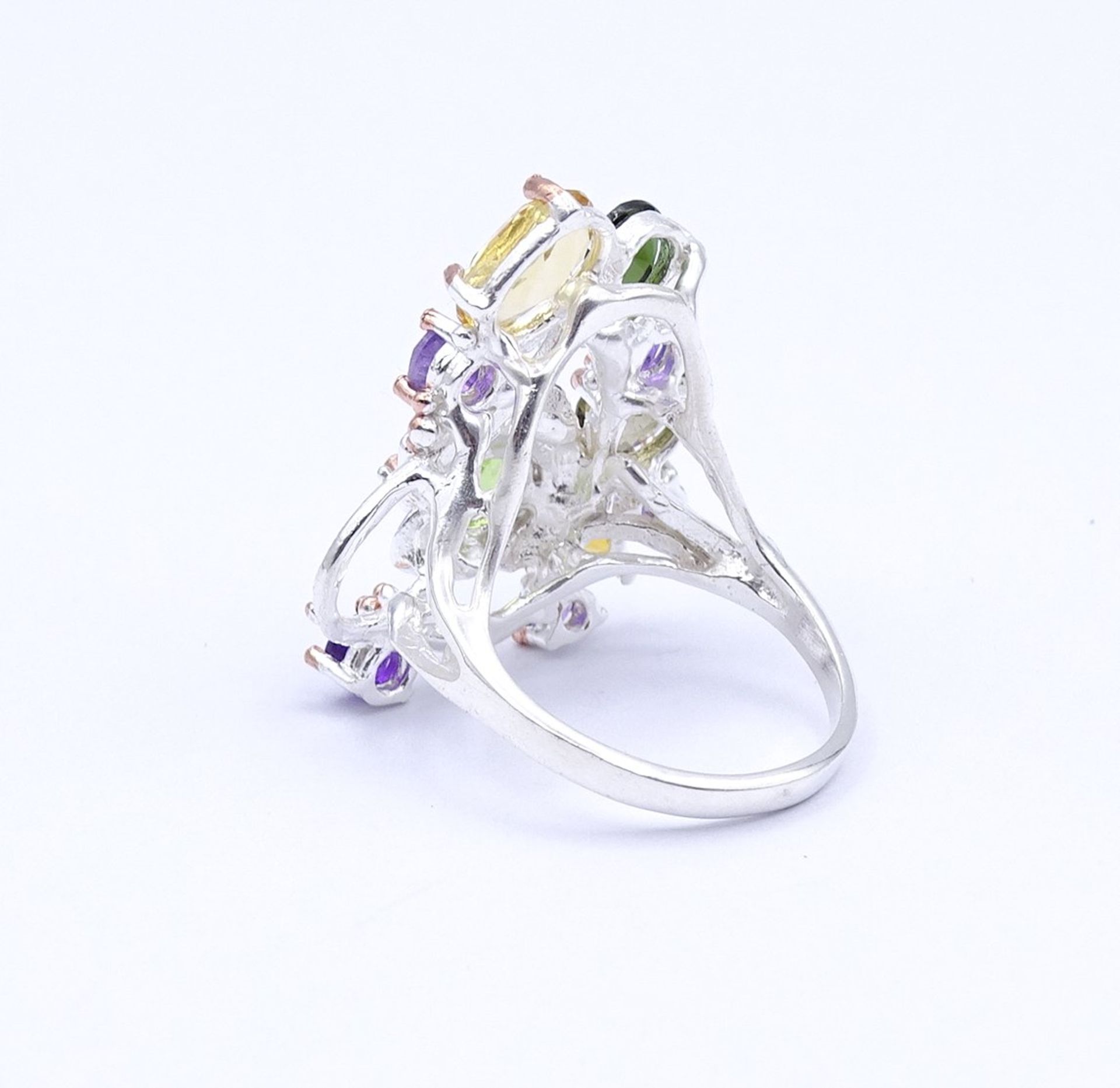 Farbintensiver Edelstein Silberring 925/000 mit Peridot, Turmalin,Amethyst und Citrine,7,1g., RG 52 - Image 4 of 4