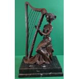 Bronze "Harfe-Spielerin" auf Marmorsockel, H-30 cm., Stand 18x12 cm