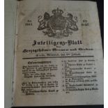 Intelligenz-Blatt der Herzogthümer Bremen und Verden, Stade Jahrgang 1843, Einbandrücken beschädigt
