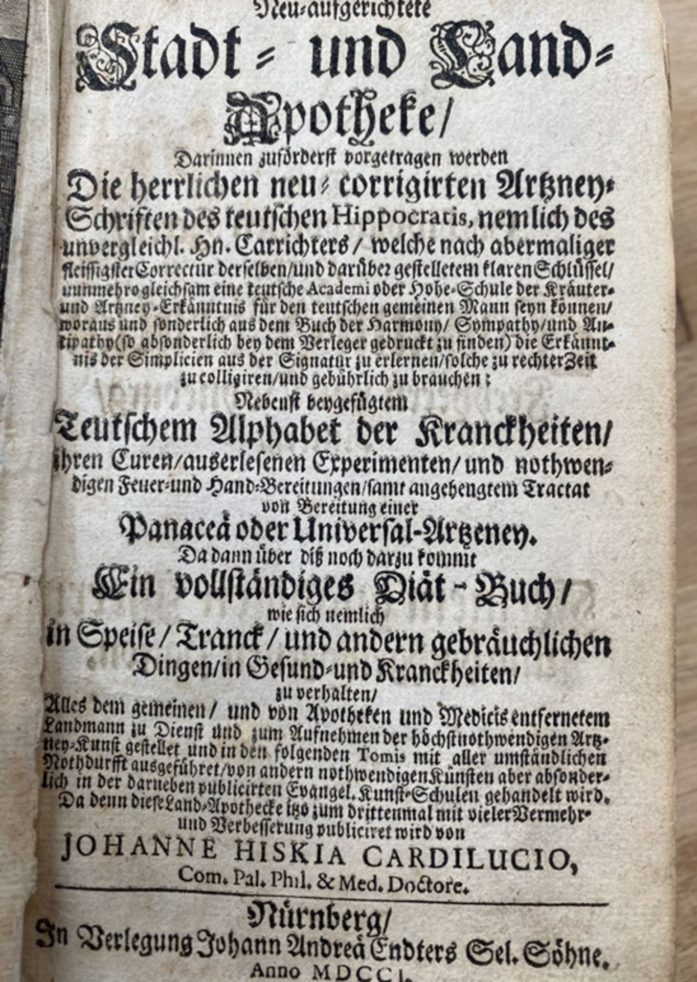 Neu eingerichtete Stadt- und Land Apotheke, Nürnberg 1701, mit Diaet-Büchlein etc, Buchrücken fehl - Bild 2 aus 9