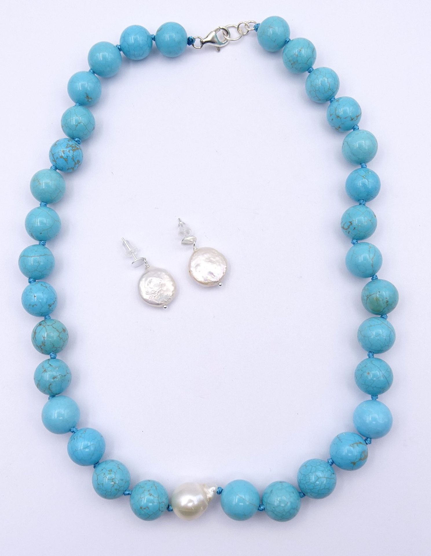 türkisfarbene Halskette mit Barockperle und Perlen Ohrringe, Kette L. 50cm