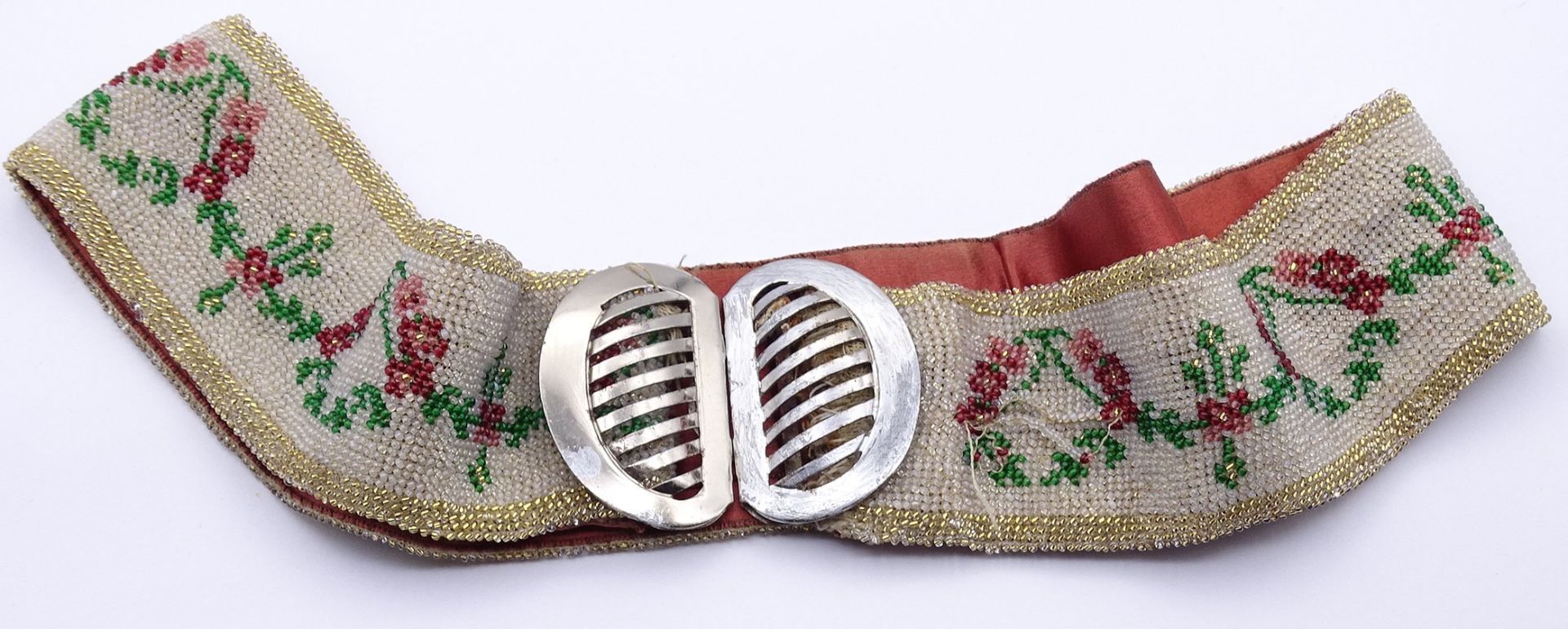Trachtengürtel mit Perlenstickerei, 1x Faden gezogen, Metallschnalle, Alters- und Gebrauchsspuren