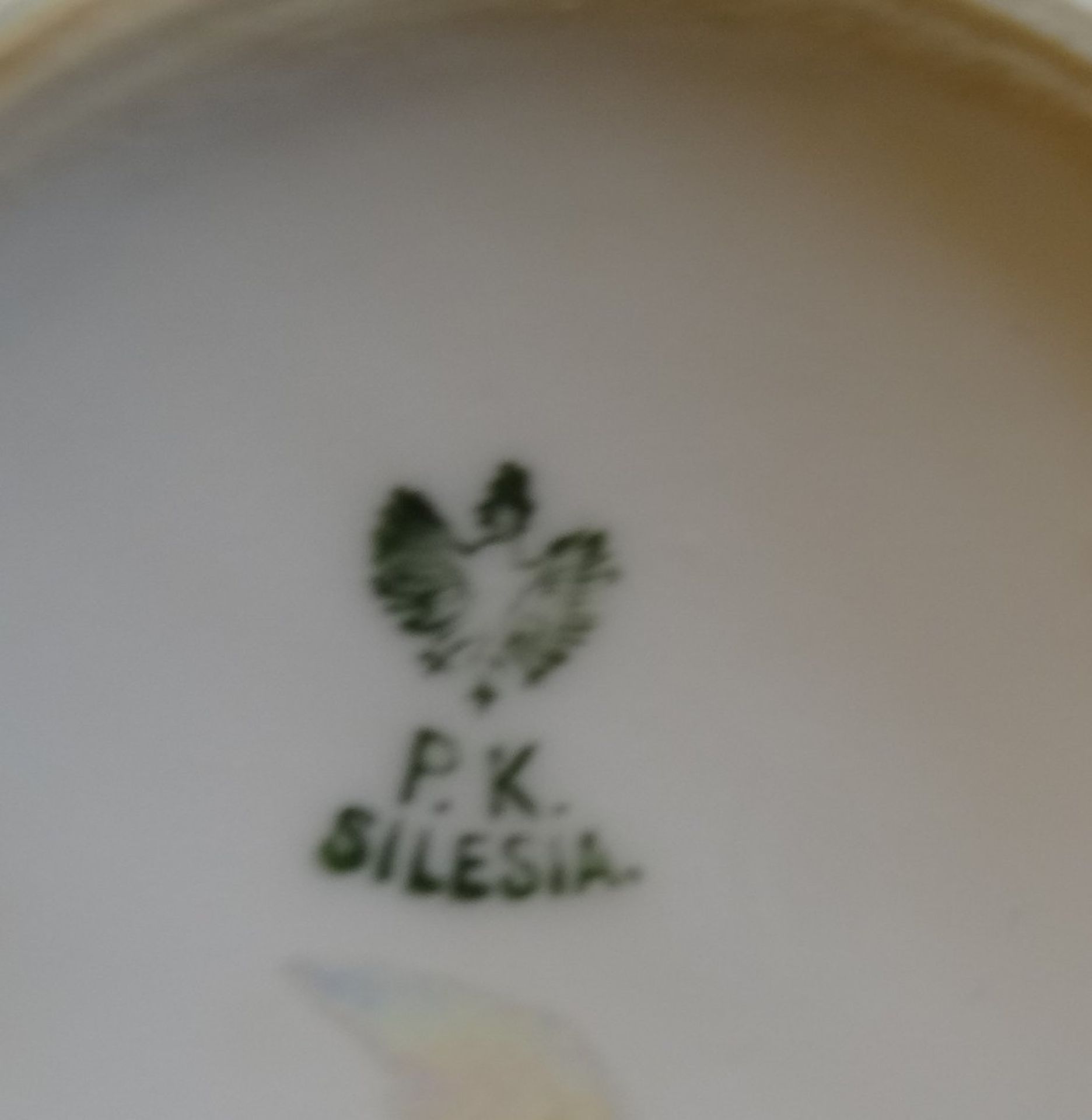 Kaffeeservice für 6 Personen "P.K." Silesia, (Königszelt),  gold/grüne Blumen, lüstrierende Glasur, - Bild 8 aus 8