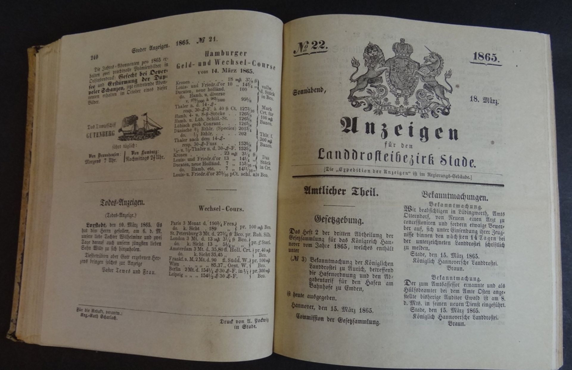 "Anzeigen für die Landdrostei Stade 1865", Pappeinband der Zeit starfke Gebrauchsspuren, 1260 Seite - Image 6 of 9