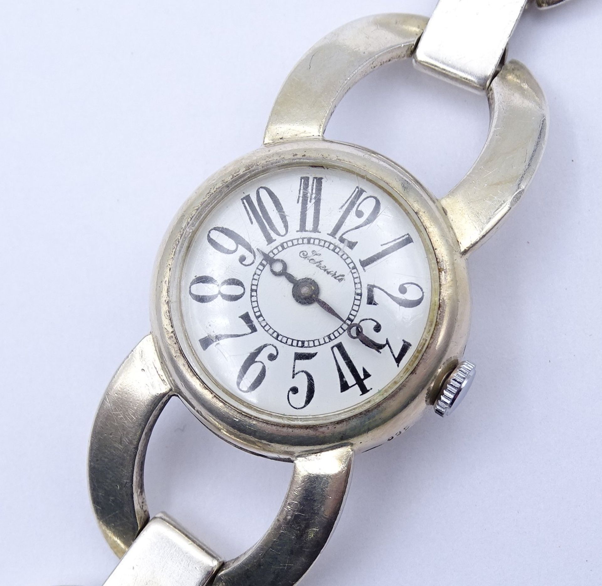 Damen Armbanduhr "Scheurle", Vollsilber 835/000, mechanisch, Werk läuft, D. 25mm, ges.Gew. 47,8g. - Image 5 of 5