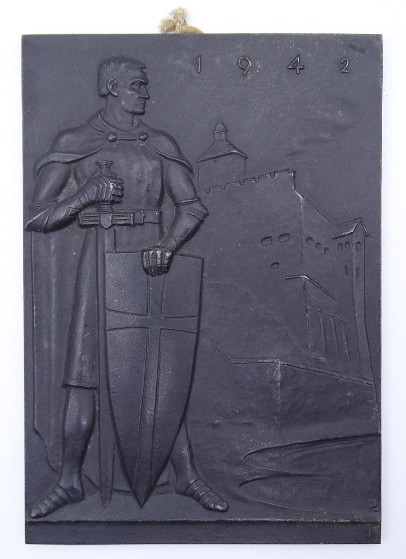 Eisengussplakette 1942 "Neujahrsgrüße vor 80 Jahren", 15,5 x 11,0cm