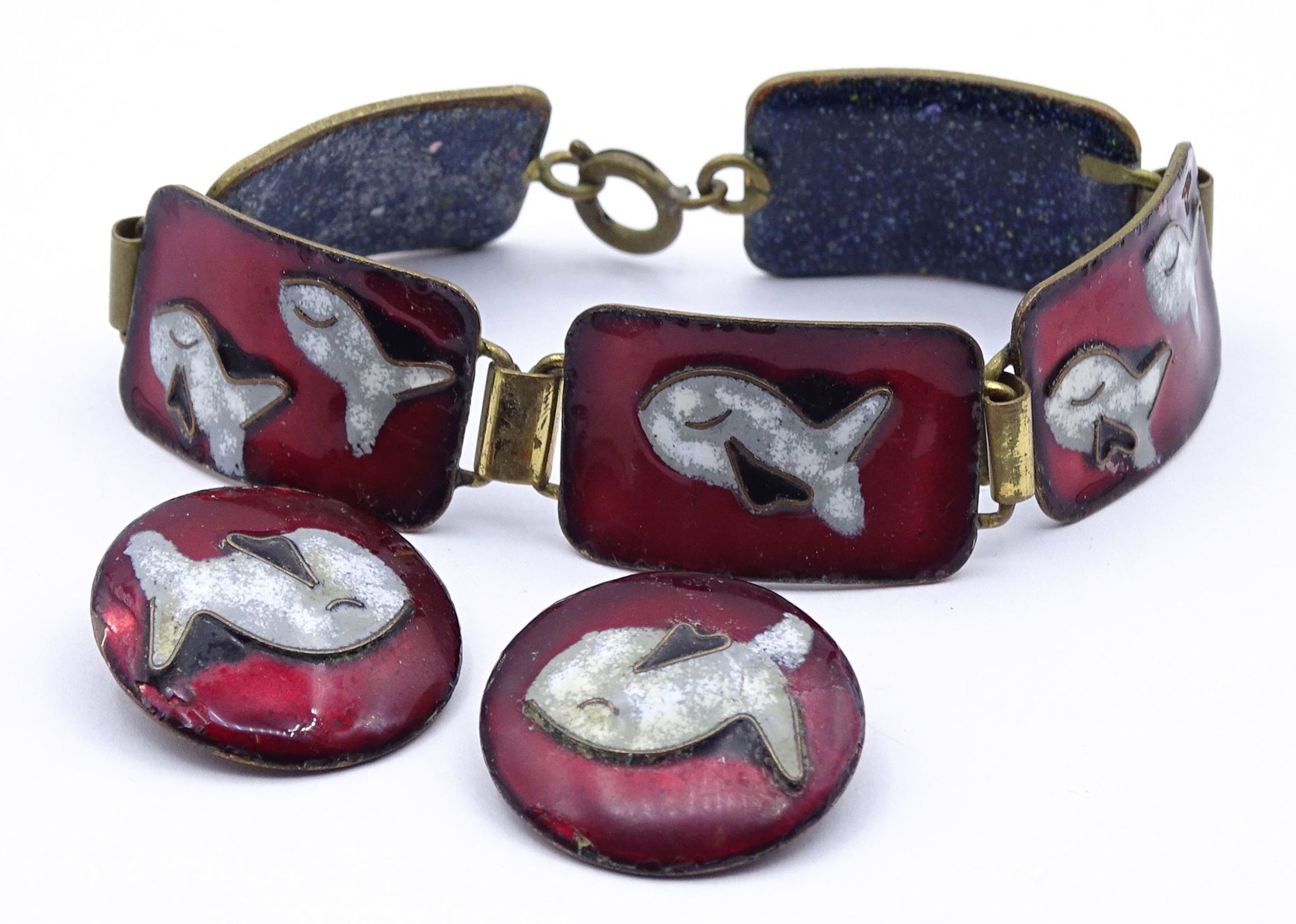 Emaille Schmuckset mit Fisch Motiven, Armband und Ohrclips