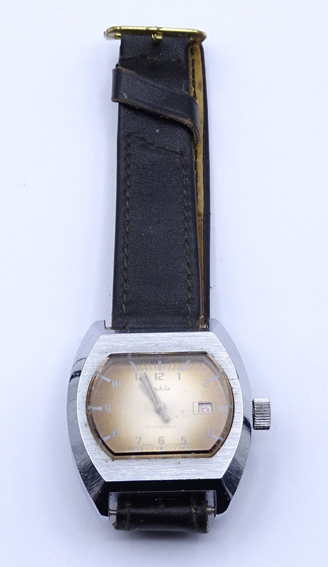Herren Armbanduhr "Ruhla", Gehäuse 36,1x33,5mm, mechanisch, Werk läuft, Glas stark zerkratzt - Image 4 of 4