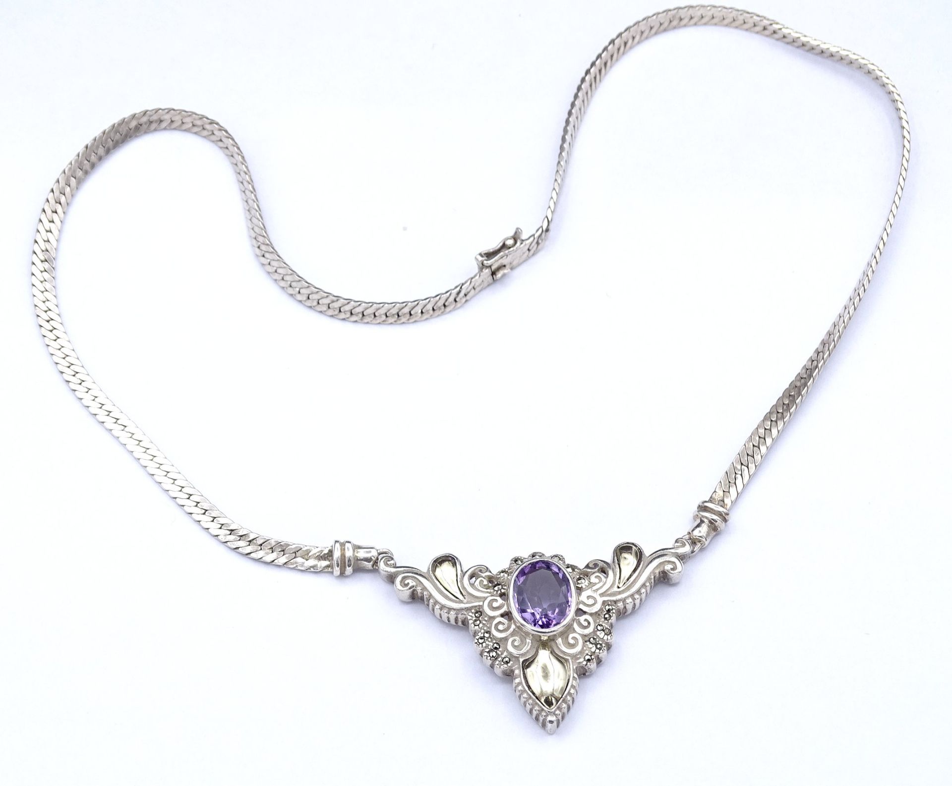 Halskette mit einem oval facc. Amethyst, Silber 925 + Gold 18K, L. 45,5cm, 26,3g. - Bild 7 aus 8