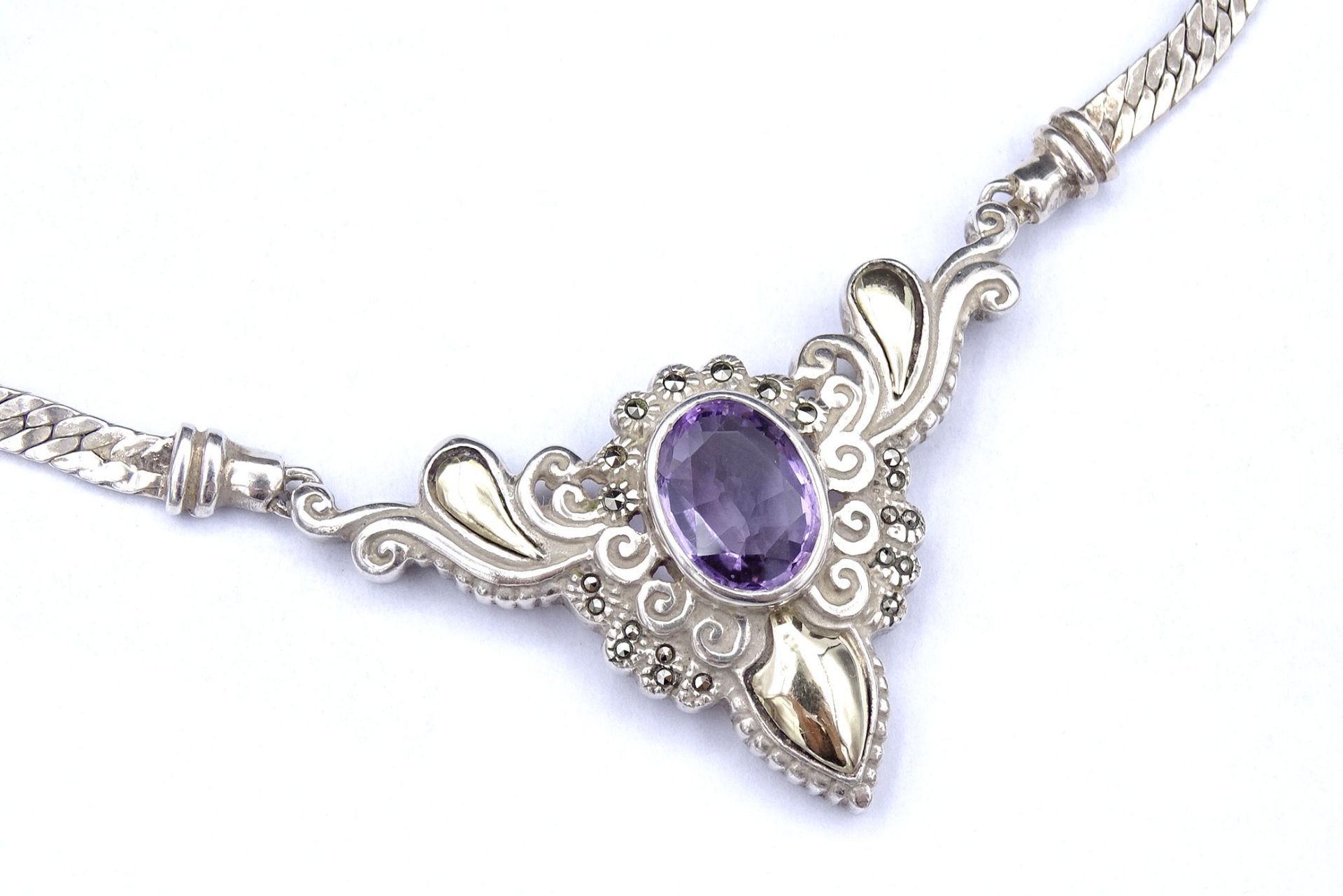 Halskette mit einem oval facc. Amethyst, Silber 925 + Gold 18K, L. 45,5cm, 26,3g. - Bild 5 aus 8