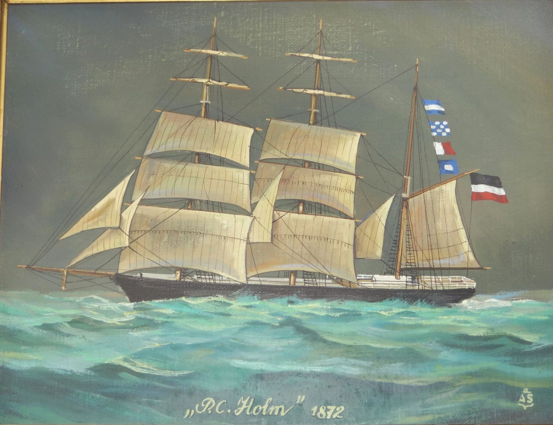 A.S. "Segelschiff P.C.Holm 1872" Öl/Malfaser, ger/Glas, RG 37x44 cm - Image 3 of 5