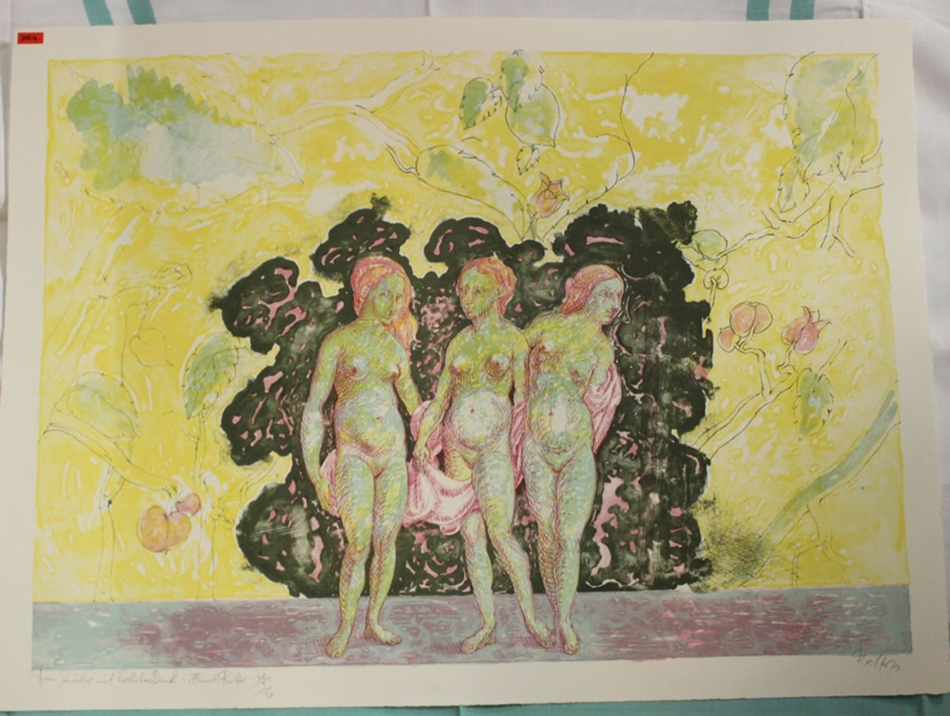Heinrich Richter (1920-2007), Drei Grazien, Farblithographie, ungerahmt, BG 56,5 x 76cm, Widmung "F - Image 2 of 4
