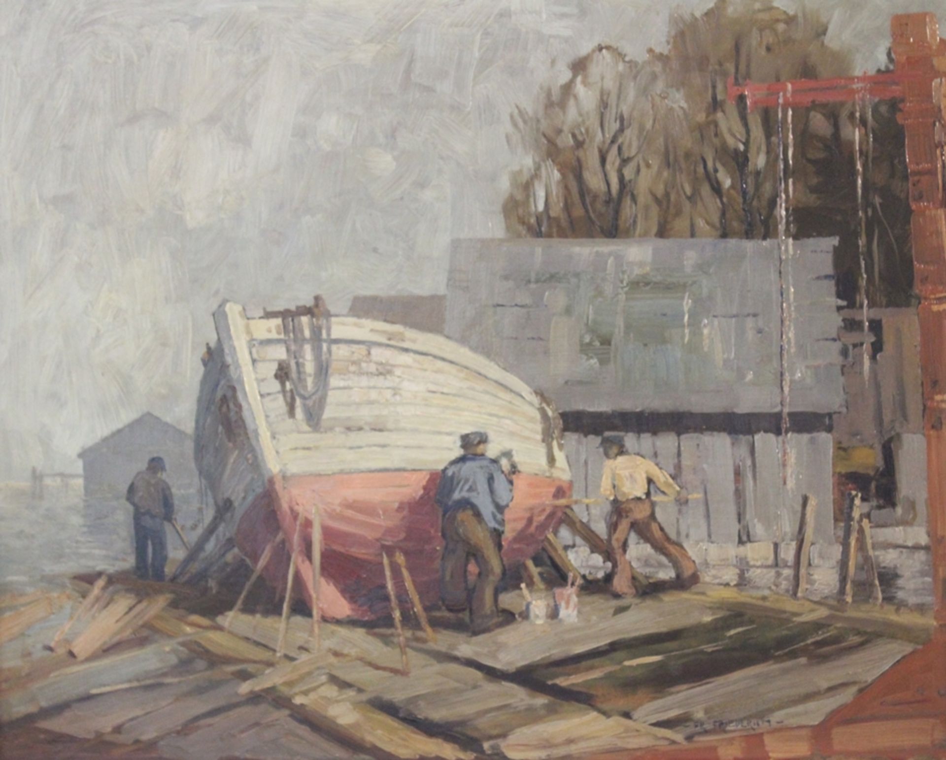 Fr. Friederich, Bootswerft, Öl/Hartfaser, gerahmt, RG 72,5 x 84cm.