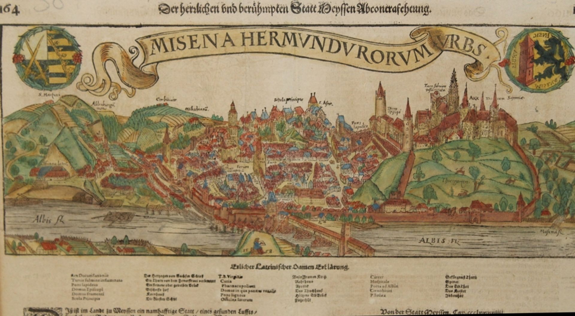 antiker Holzschnitt, Ansicht Meißen, coloriert, 1558, aus Cosmographia von S. Münter, gerahmt/Glas, - Image 3 of 4