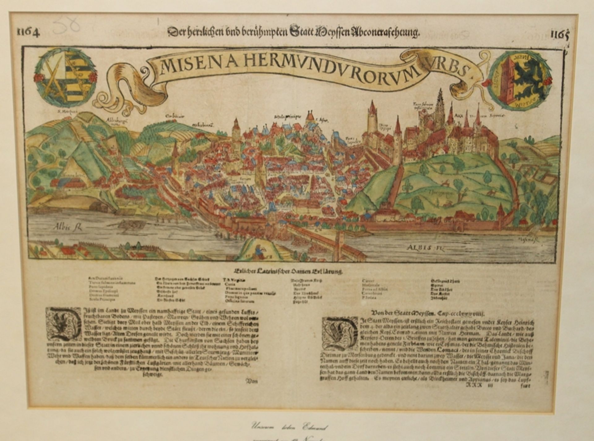 antiker Holzschnitt, Ansicht Meißen, coloriert, 1558, aus Cosmographia von S. Münter, gerahmt/Glas, - Image 2 of 4