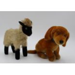 2x Steiff-Tiere, Dackelwelpe und Heidschnucke, 1x nur Knopf, ca. H-16,5cm.