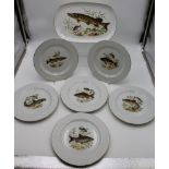 ovale Platte mit 6 Tellern, Wunsidel, Fischdekore, Teller D-24,5cm.