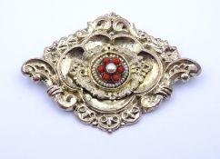 Antike Brosche mit Koralle , Silber und Metall (vergoldet), berieben, 7,5x5,2cm