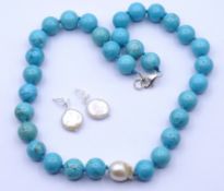 türkisfarbene Halskette mit Barockperle und paar Barock Perlen Ohrhänger