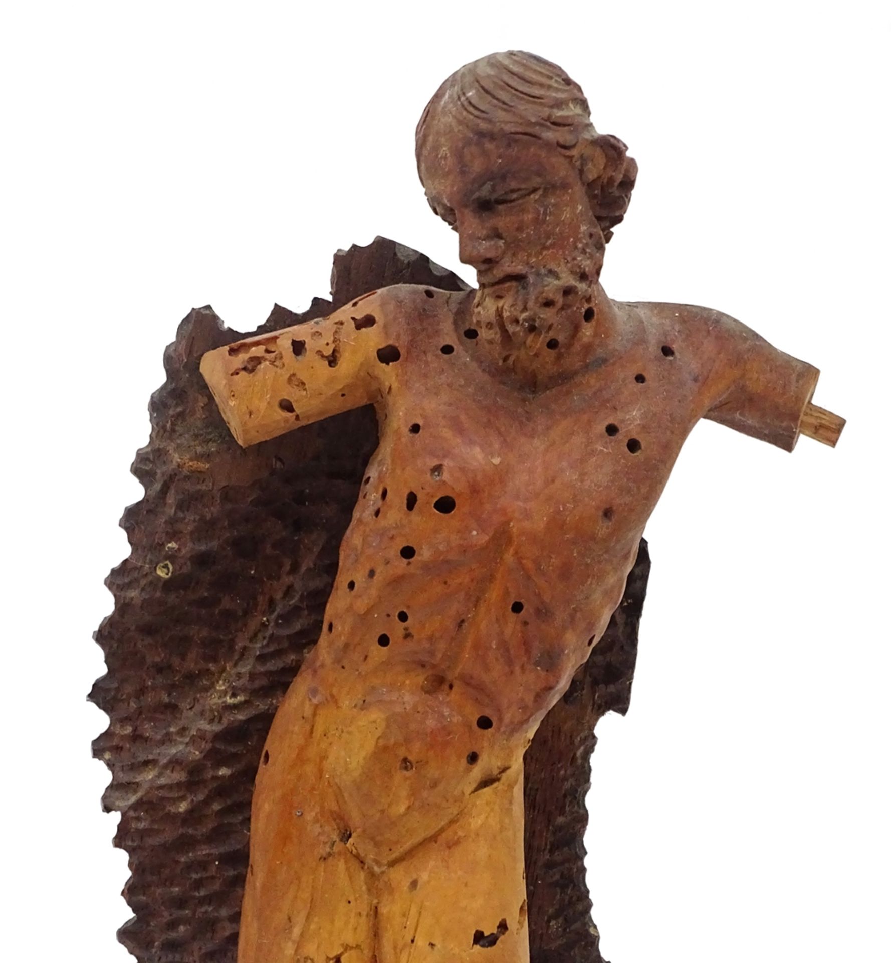 Sakrale Figur Statuette geschnitzt auf Holzsockel , Holzwurmlöcher , Älter , H. 25 , B. 9 cm - Bild 6 aus 7