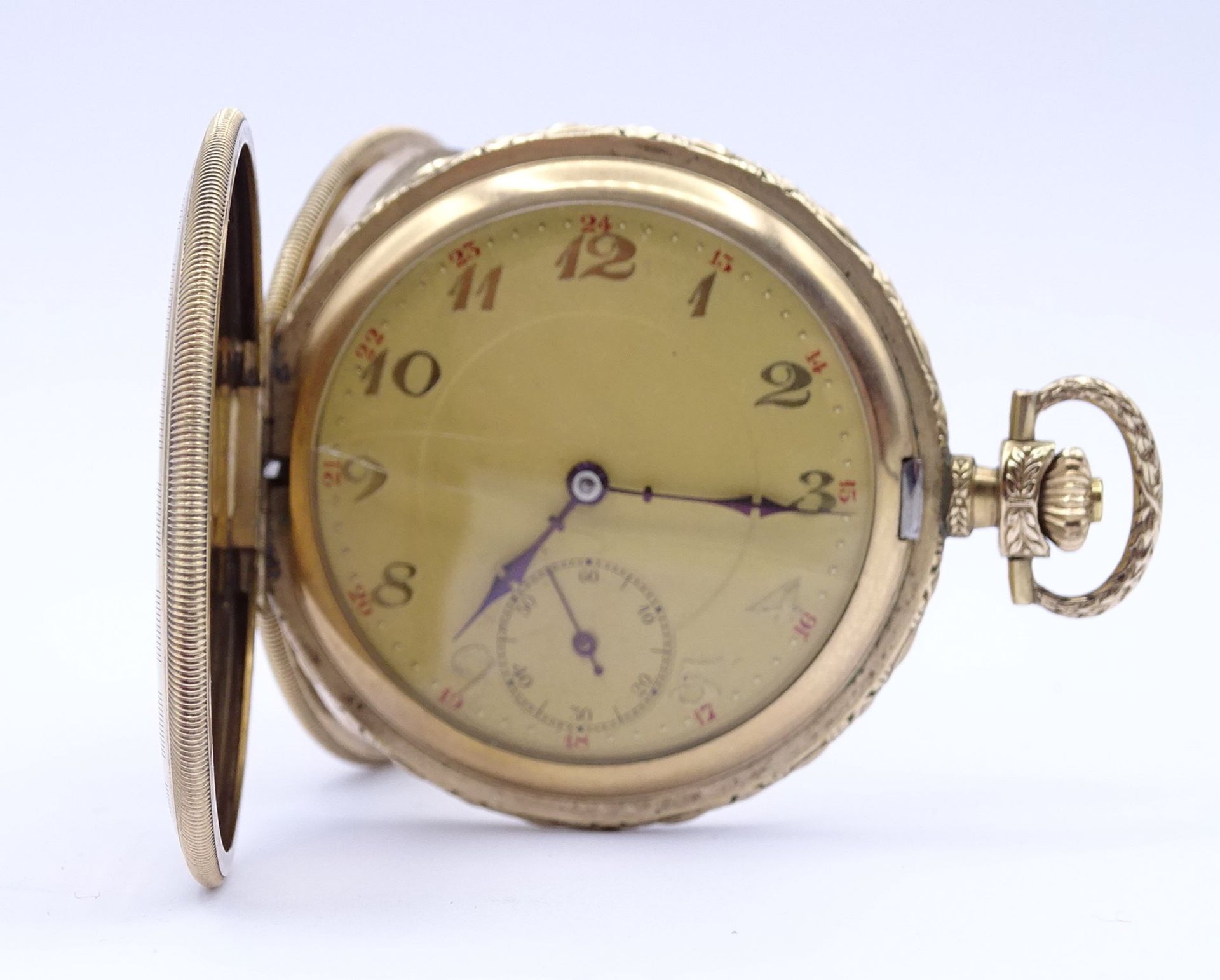 Herren Taschenuhr, mechanisch, Werk steht, D. 5,1cm, Glas gesprungen, goldfarben