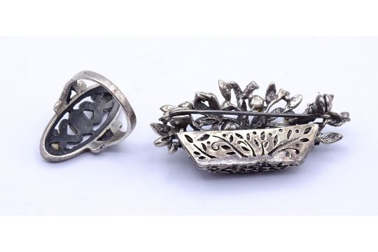 Brosche und Ring mit Markasiten, Silber 925/000, einige Steine fehlen, zus. 16,2g., RG 54 - Bild 3 aus 3