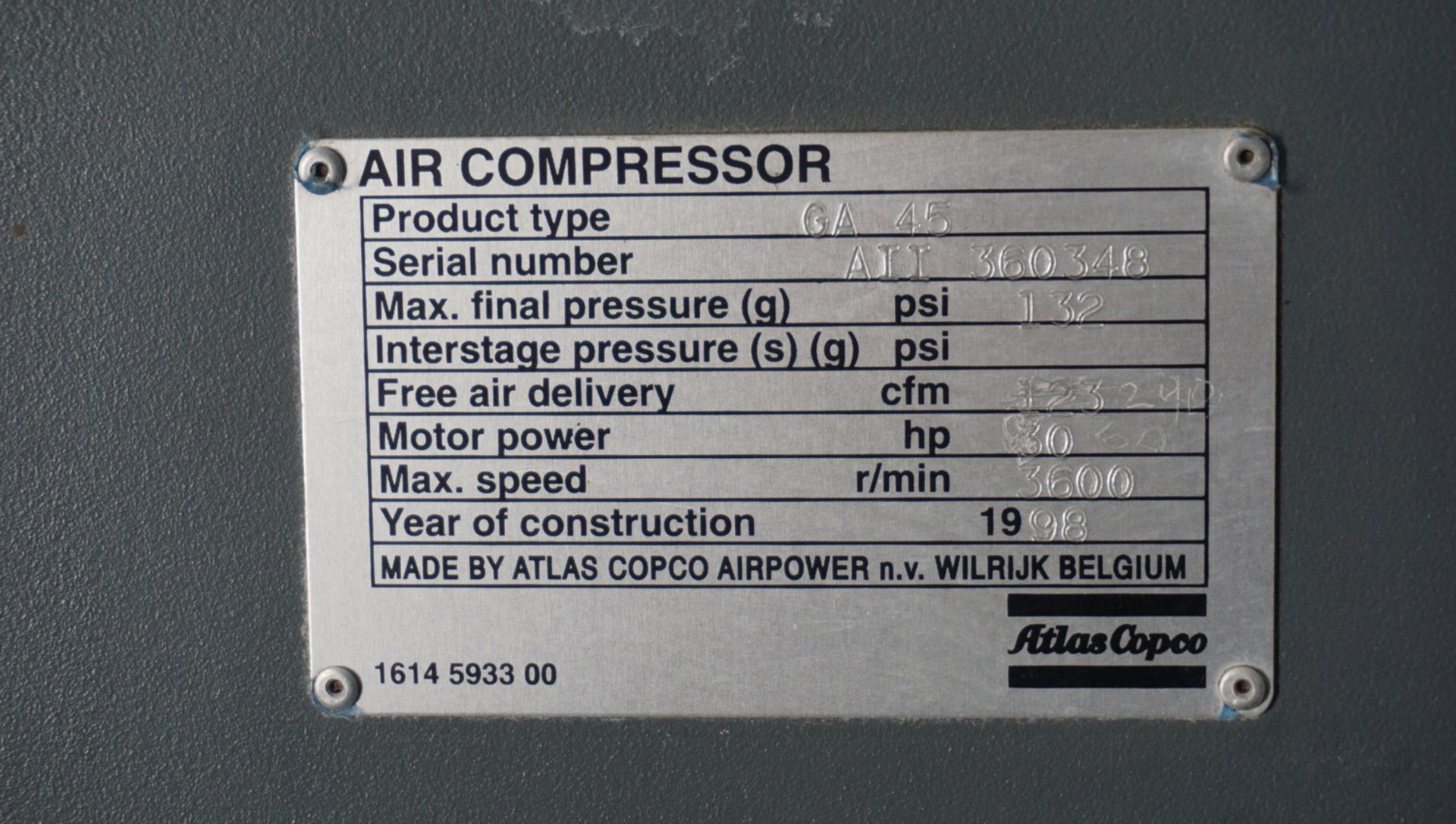 ATLAS COPYO GA45 60HP AIR COMPRESSOR, S/N AII360348 (AS IS - NOT FUNCTIONING) - Image 3 of 4