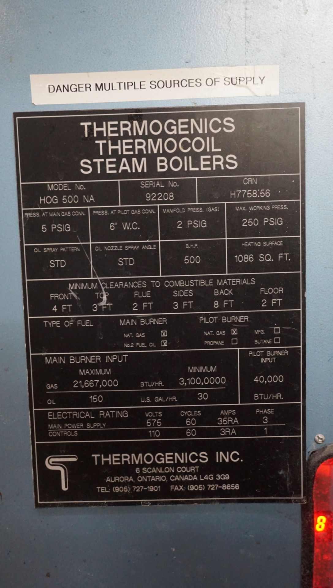 THERMOGENICS THERMOCOIL MODEL HOG500NA, NAT GAS STEAM BOILER, S/N 92208 (575V,60,3PH) (DELAYED - Image 4 of 4