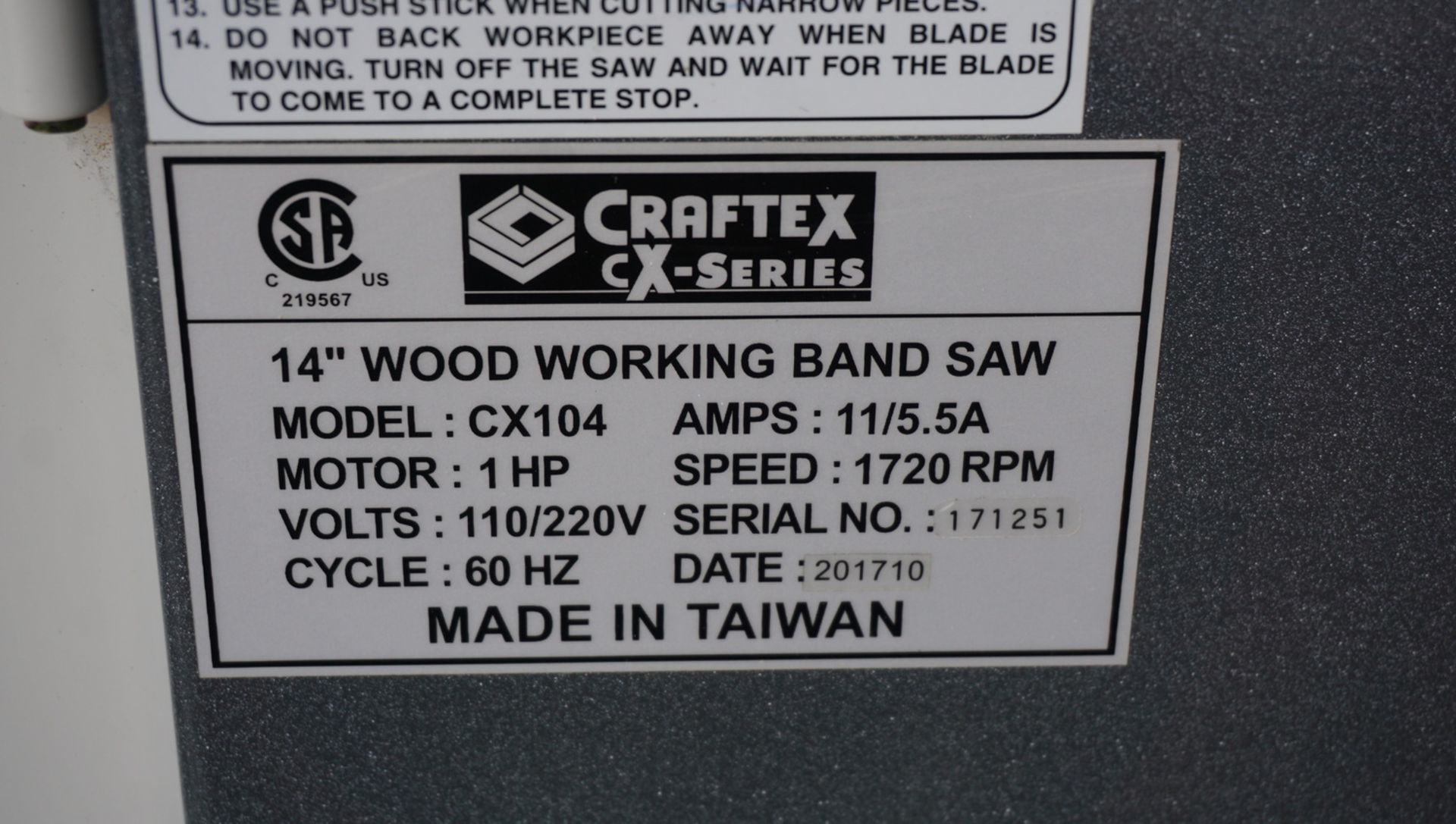 CRAFTEX CX-104 BANDSAW - 1HP, 12 3/4" THROAT, 7"H CUT (110V) - Image 3 of 5