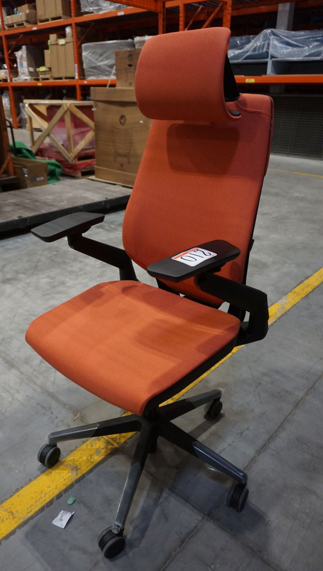 STEELCASE GESTURE HI-BACK CHAIR W/ SALMON ORANGE FABRIC, BLK FRAME, ADJ ARMS, HEAD REST