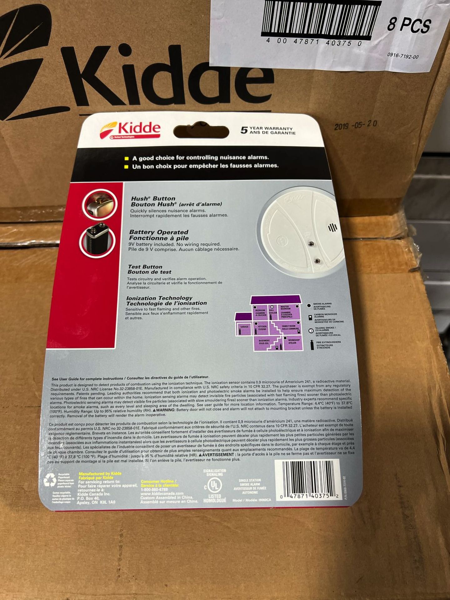 CASES - KIDDE 0916KCA 9V BATTERY OPERATED SMOKE ALARM W/ HUSH BUTTON (8 UNITS / CASE) (PICKUP 160 - Image 2 of 3