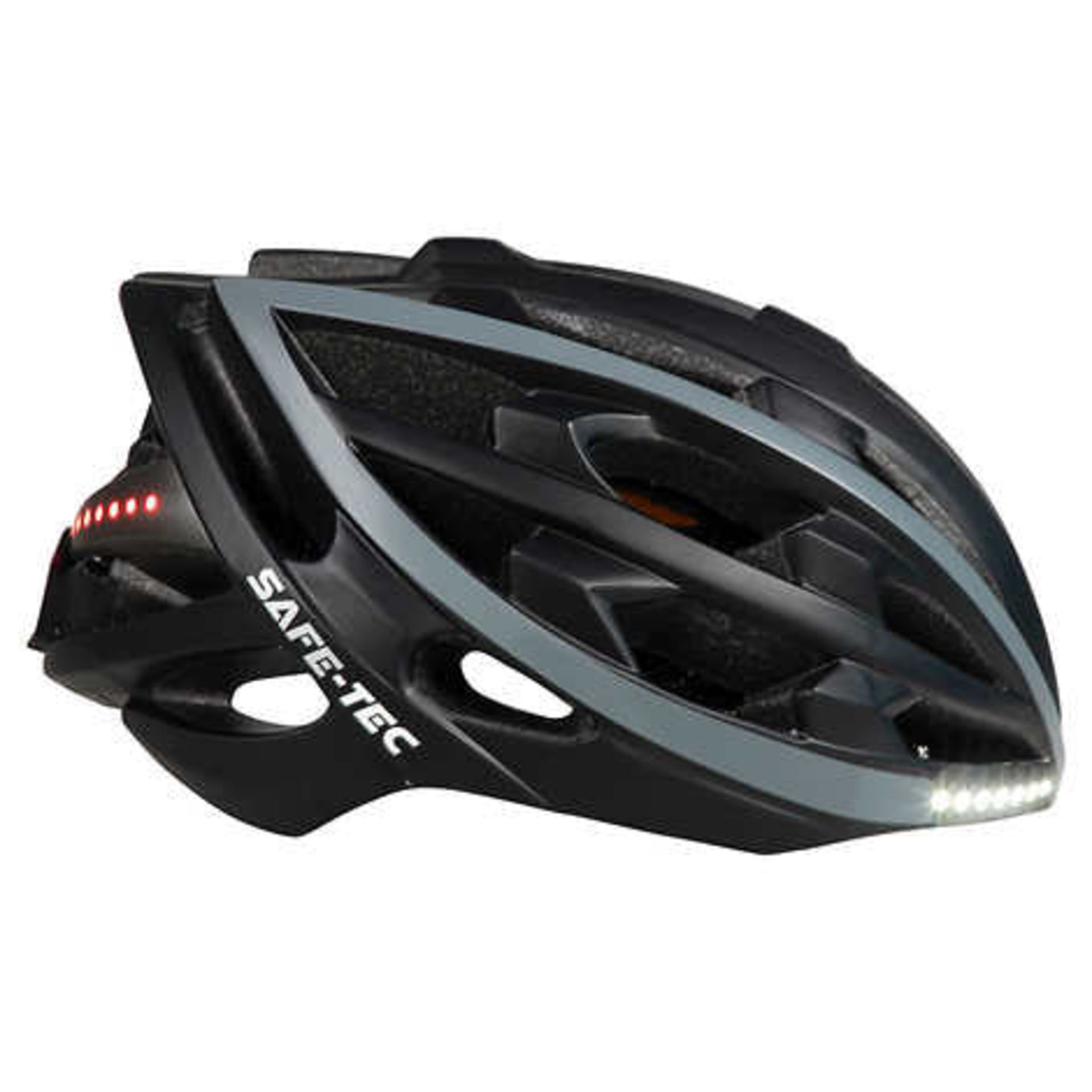 SAFE-TEC BLACK/SILVER BICYCLE HELMET (LARGE) C/W BLUETOOTH SPEAKERS & LIGHTS (NEW) (MSRP $150)