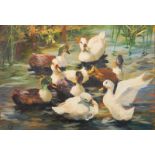 Impressionistischer Entenschwarm auf dem Teich