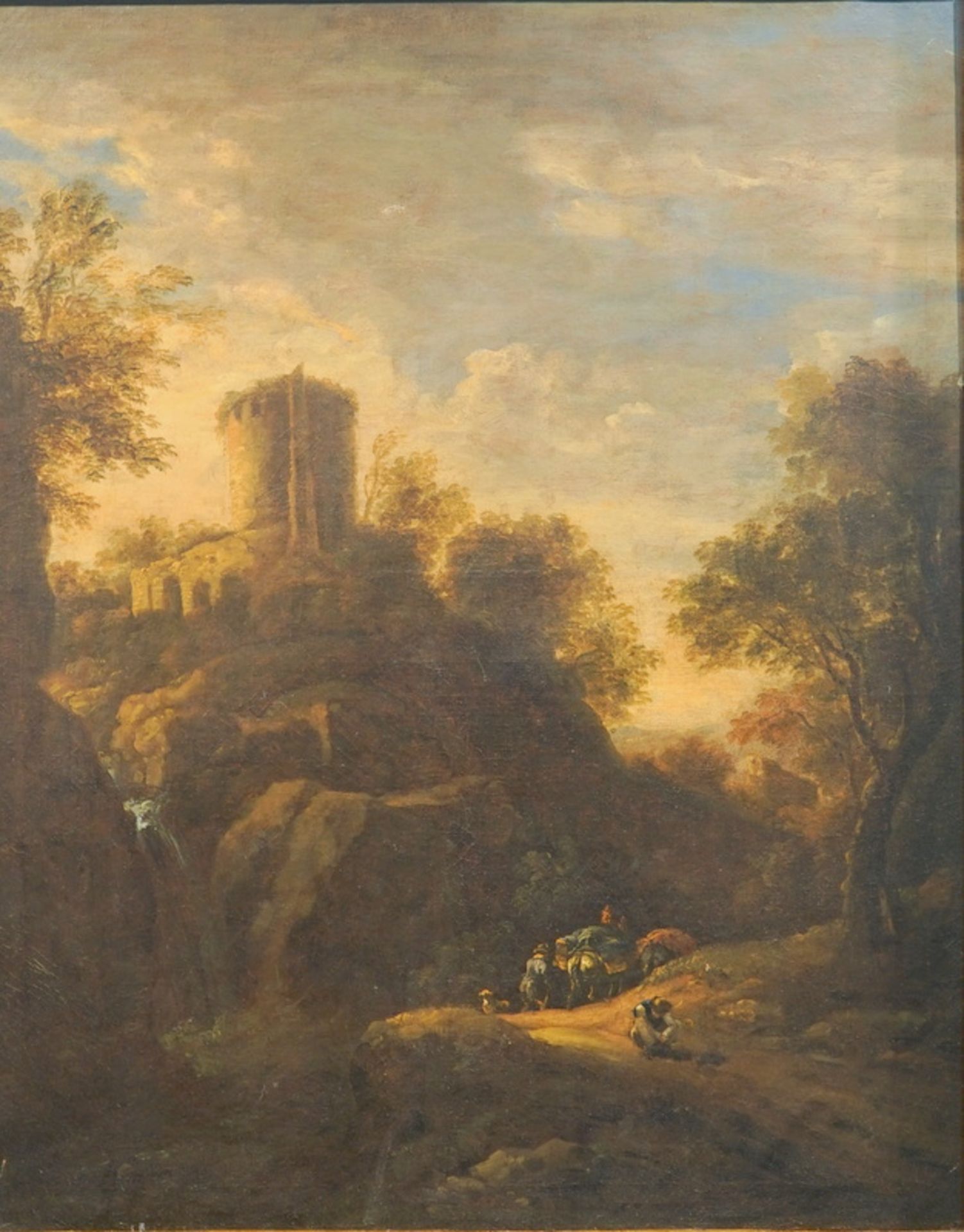 Both, Jan (attr.): Altmeisterliche Landschaft mit Burg, Wasserfall und Wanderern - Image 3 of 6