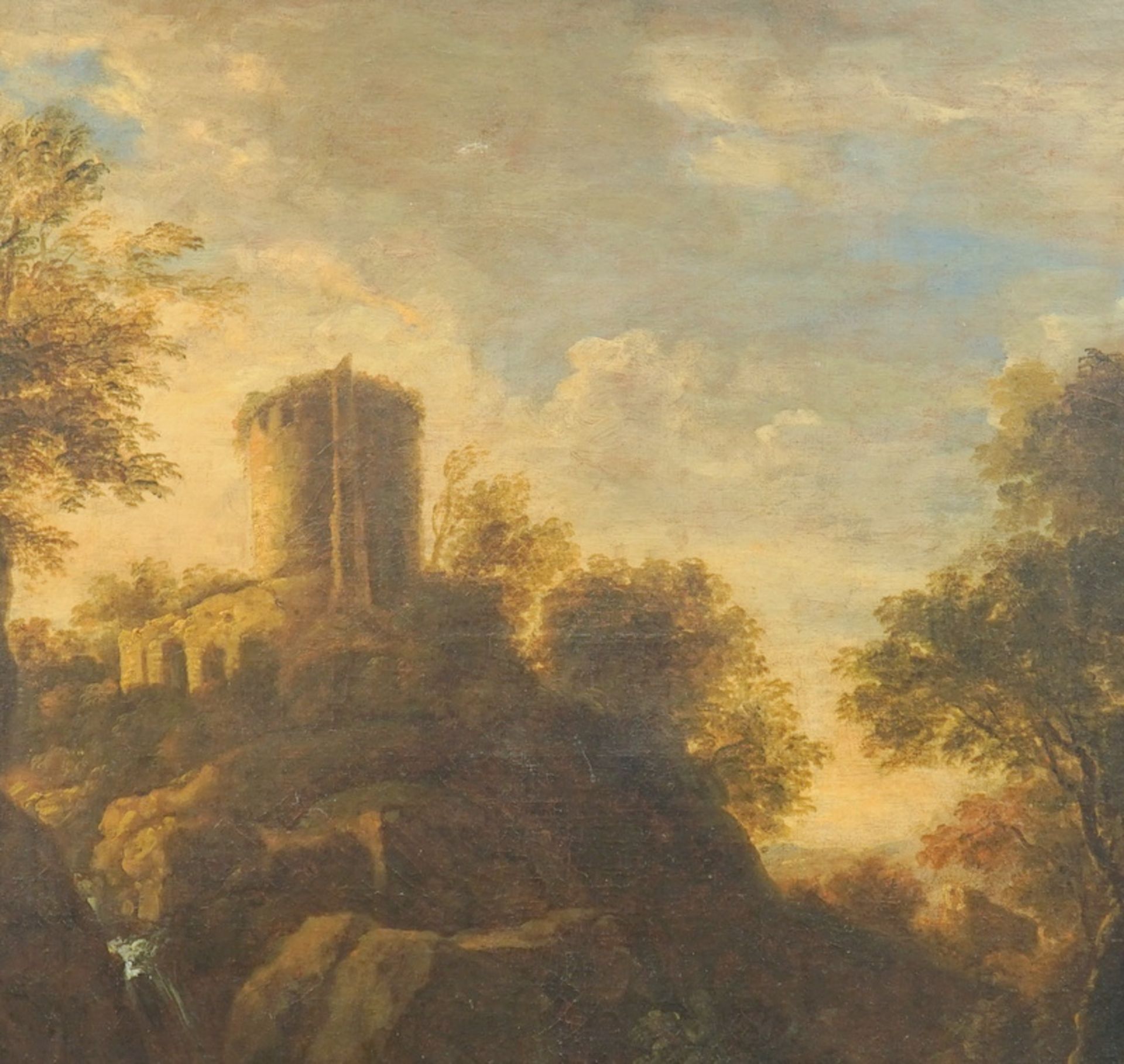 Both, Jan (attr.): Altmeisterliche Landschaft mit Burg, Wasserfall und Wanderern - Image 4 of 6