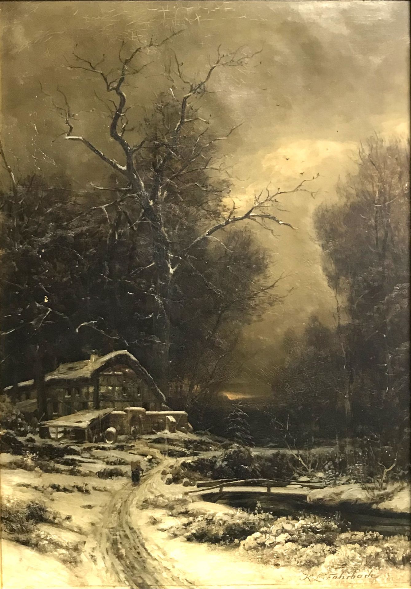 Fahrbach, Carl Ludwig: winterl. Landschaft mit Gehöft bei Nacht