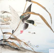 Grosse Porzellankachel mit Auffliegender Ente und Seepanorama