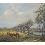 Becker, Hans: grasende Pferde am Fluss unter Kopfweiden