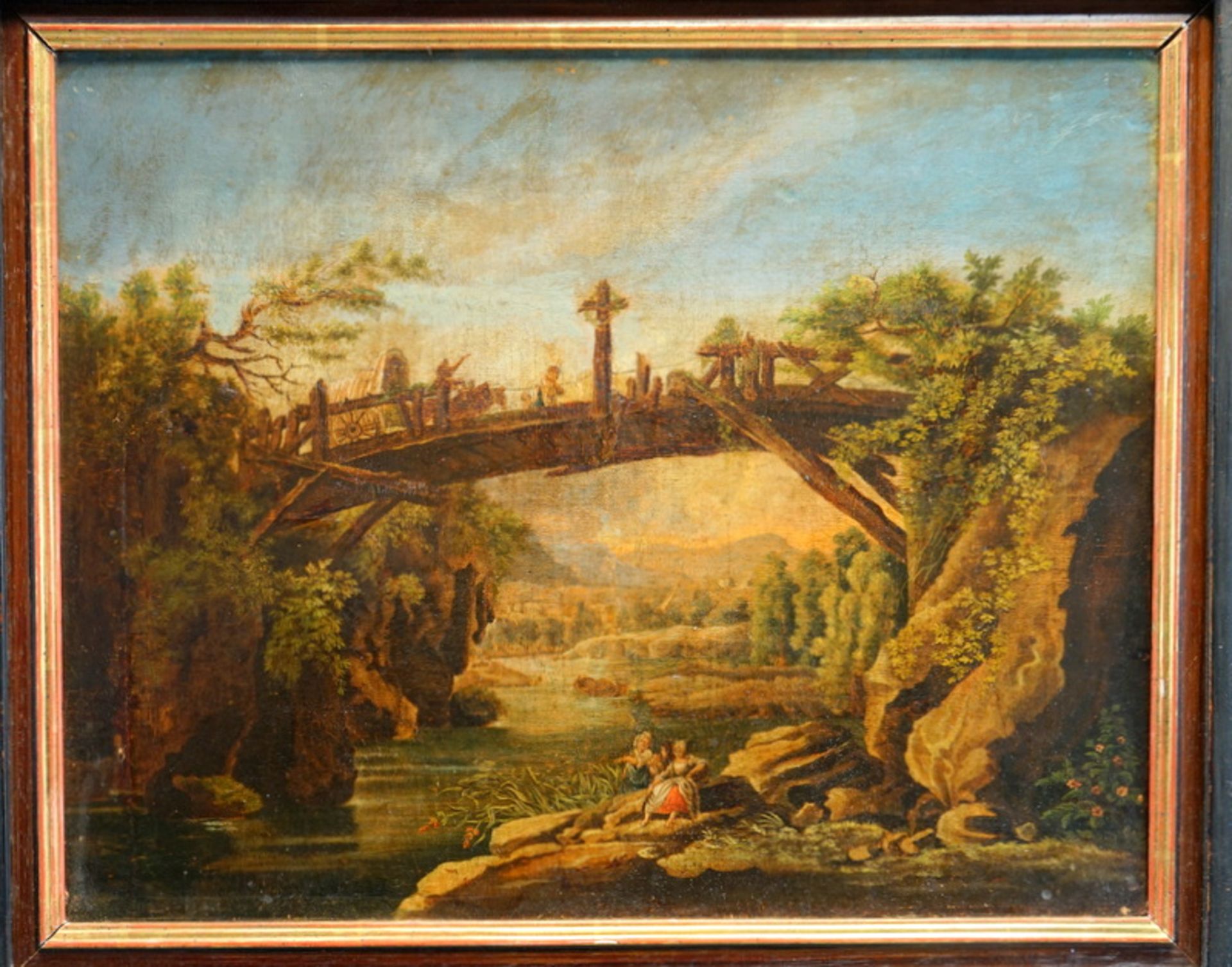 süddeutscher Bergfluss mit Holzbrücke und Karren 18. JH