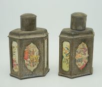2 Teedosen aus Shantou-Zinn mit kolorierten Glaseinsätzen