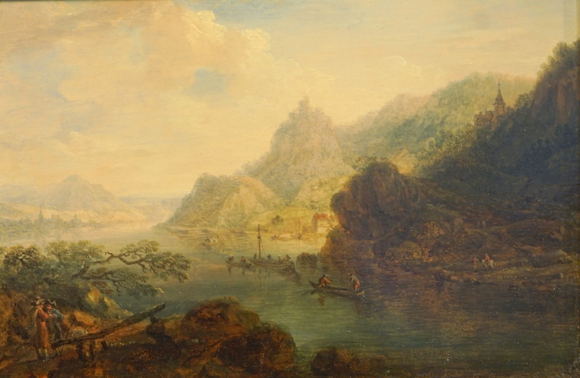 Deutscher Meister 18. Jh.: Panorama Flusslandschaft mit Dörfern, Bergen und Kähnen - Bild 2 aus 3