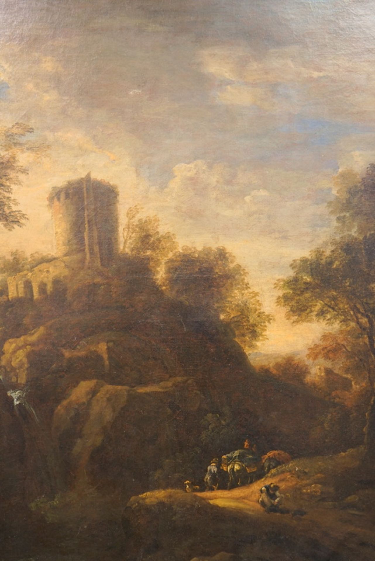 Both, Jan (attr.): Altmeisterliche Landschaft mit Burg, Wasserfall und Wanderern - Image 6 of 6