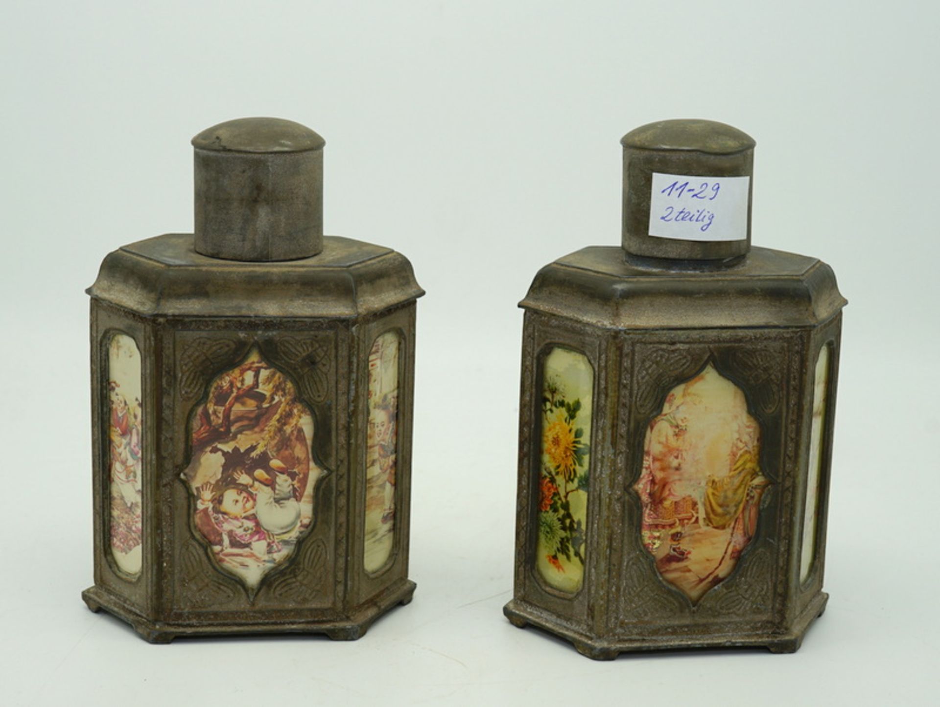 2 Teedosen aus Shantou-Zinn mit kolorierten Glaseinsätzen - Image 4 of 4