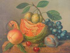 de Bruyn, Cornelis Johannes: Obststillleben mit aufgeschnittener Melone, Plaumen und Mirabellen